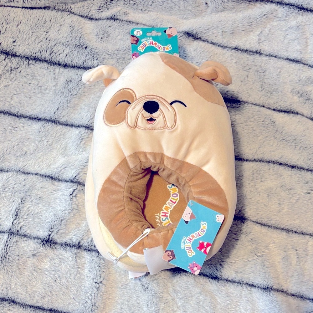 Squishmallows Cream and Tan bulldog plush slippers